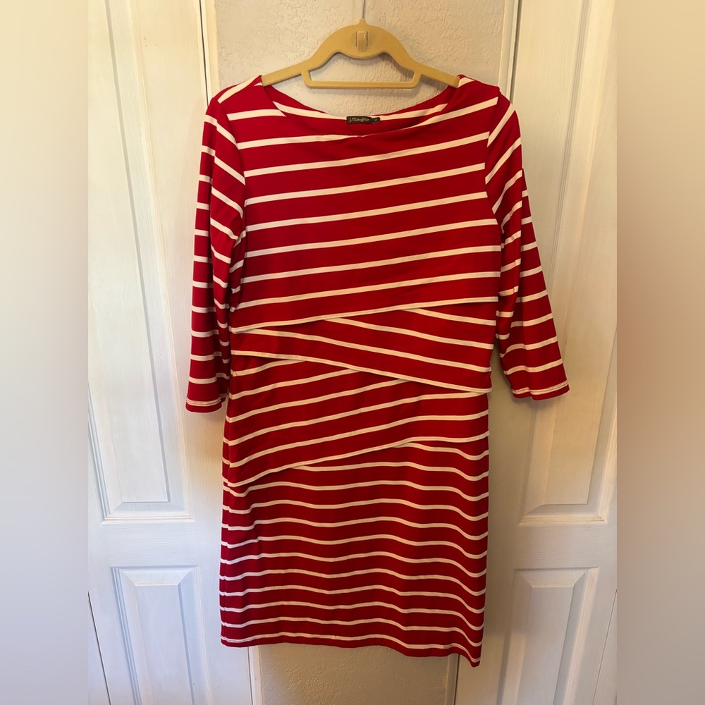 J. McLaughlin Catalina Cloth Red Striped Tiered Sheath Dress 3/4 Sleeve Size Med
